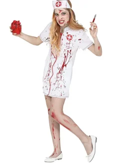 2-delig kostuum "ZOMBIE ZUSTER" wit/rood