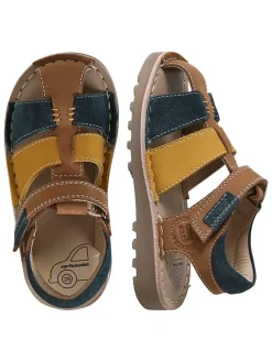 Leren sandalen lichtbruin/blauw/geel