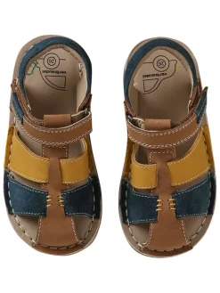 Leren sandalen lichtbruin/blauw/geel