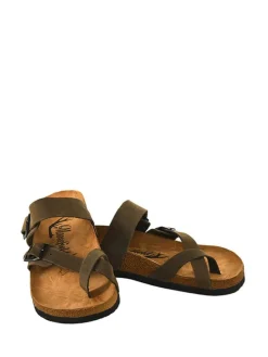 Leren teenslippers kaki