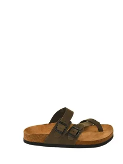 Leren teenslippers kaki
