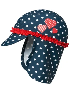 Pet met nekbescherming "Hartjes" donkerblauw/rood