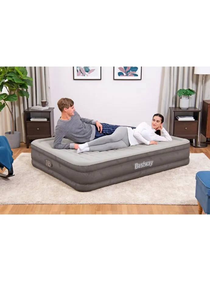 Tweepersoons luchtbed + ingebouwde elek. pomp grijs - (B)152 x (H)36 x (D)203 cm
