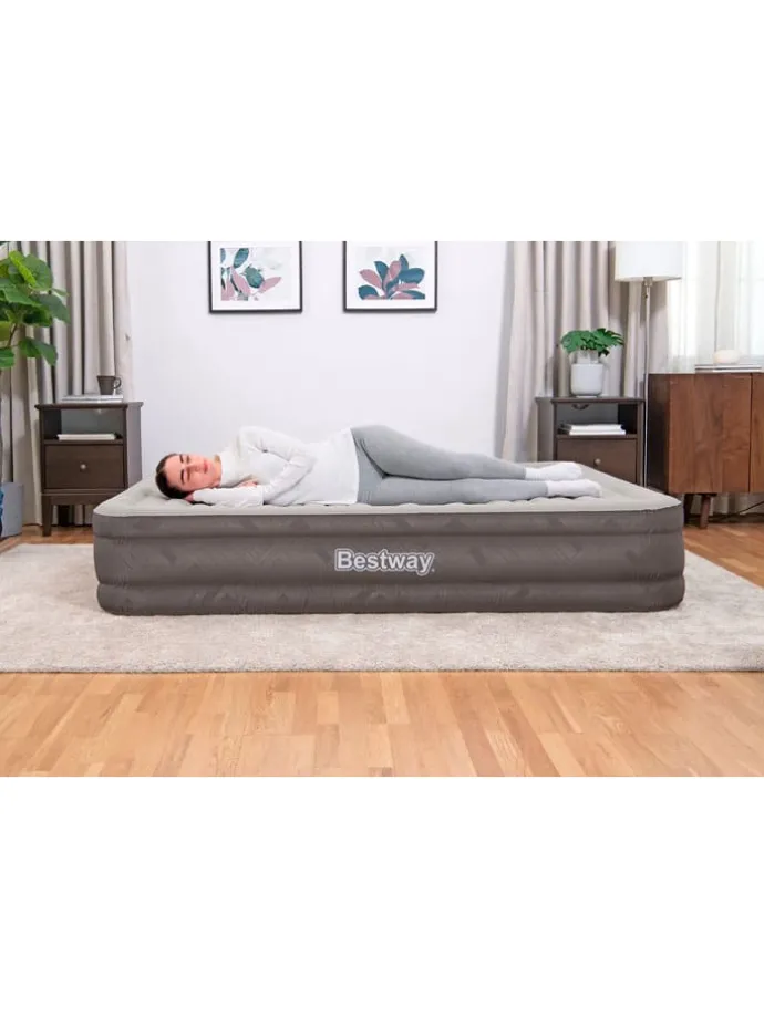 Tweepersoons luchtbed + ingebouwde elek. pomp grijs - (B)152 x (H)36 x (D)203 cm