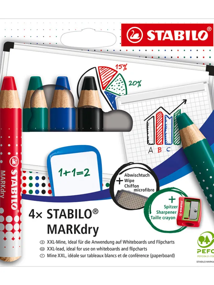 Whiteboardmarkeerstift & flipchartmarkeerstift "MARKdry" - 4 stuks + accessoires